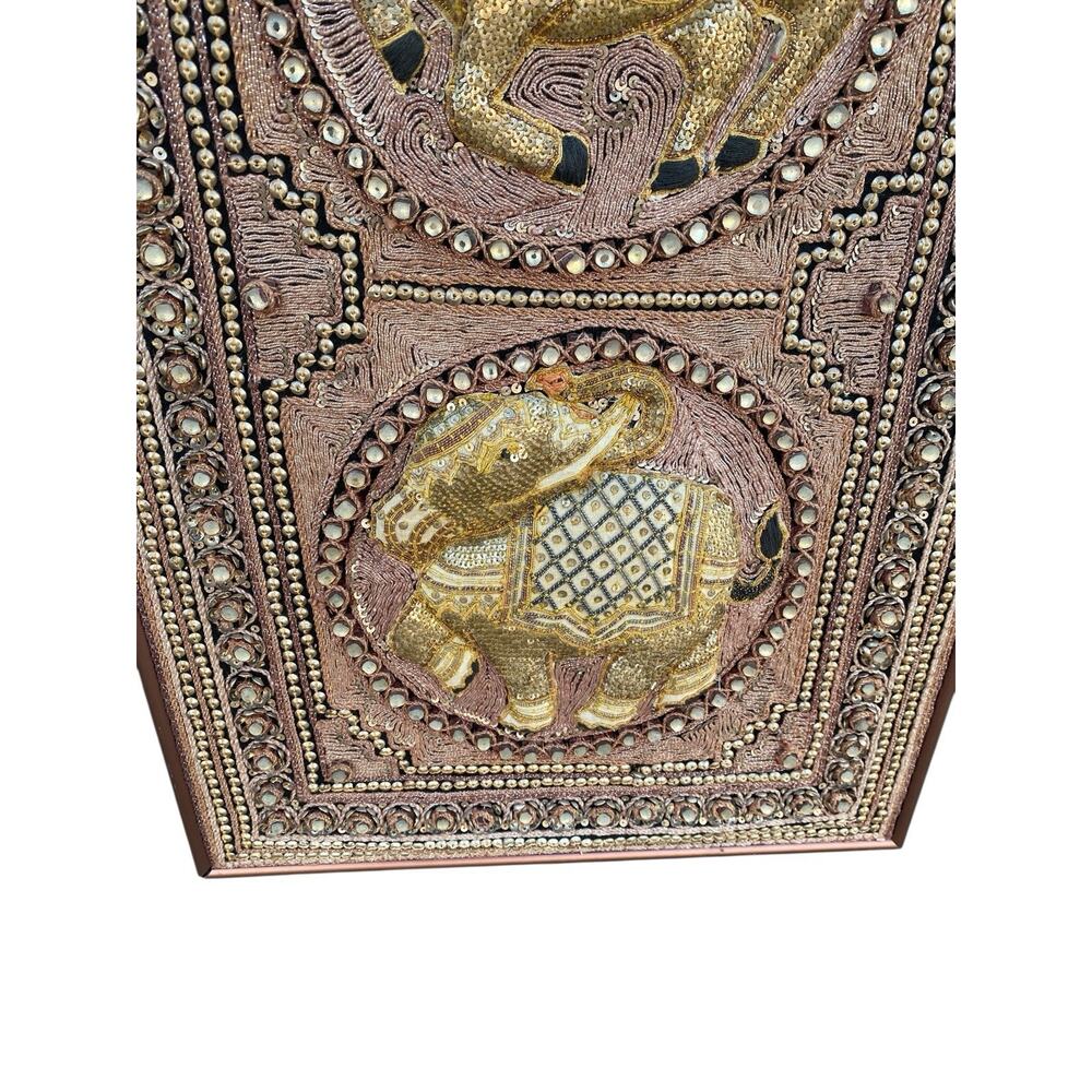 Vtg Burmese Thai Kalaga Tapestry Wall Art Elephant Peacock Lion Beaded 54” Large - Picture 12 of 16